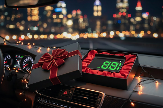 K1 HUD car gift box on dashboard at night with city lights