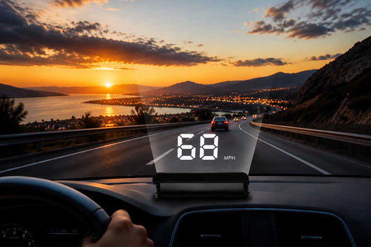 Windshield HUD display showing real-time GPS speed of 68 MPH while driving on a scenic highway, helping drivers keep their eyes on the road with a digital car speedometer projection.