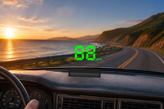 KUOWEIHUD K1 GPS head up display for car showing digital speed on windshield while driving