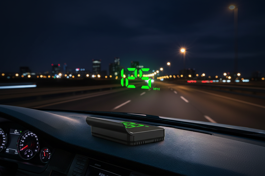 KUOWEIHUD K1 GPS Head-Up Display mounted on car dashboard, projecting green speed digits onto windshield at night, cinematic highway background