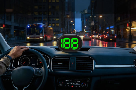 KUOWEIHUD K2 GPS digital speedometer mounted on car dashboard showing speed in MPH, with open highway road ahead — upgrade from analog cluster gauge to digital HUD display
