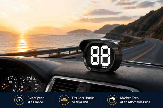 Affordable K2 GPS digital speedometer installed on car dashboard – plug and play upgrade