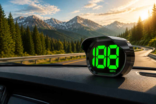 Close-up of a plug-and-play digital GPS speedometer mounted on a car dashboard, displaying real-time speed with a bright LED screen