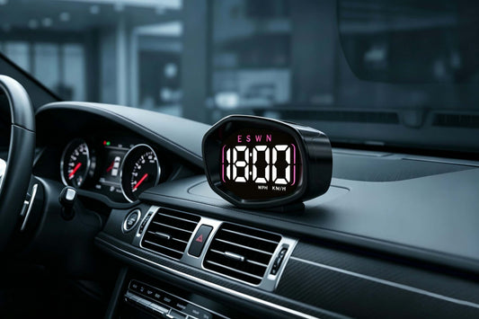 K3 GPS Digital Speedometer mounted on car dashboard showing speed and time display