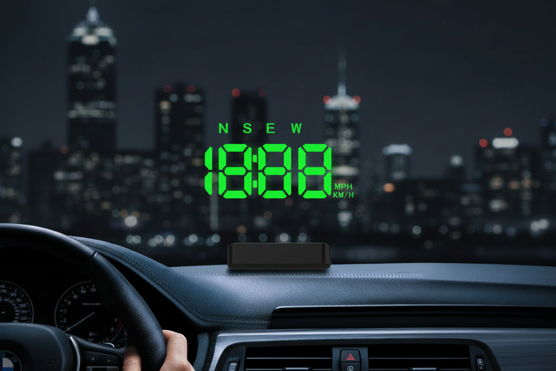 K4 HUD GPS speedometer mounted on a dark car dashboard, projecting a vivid green digital display showing speed and compass directions, cinematic automotive photography