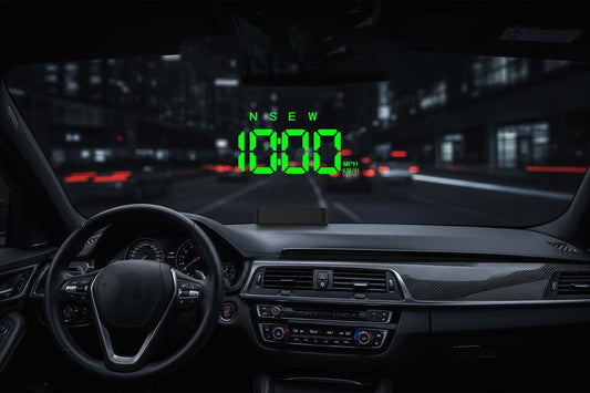 K4 GPS Head-Up Display projecting green digital speed and compass readings onto a car windshield, mounted on dashboard for speed monitoring