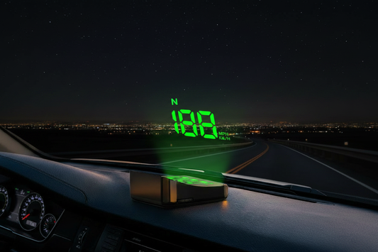 K4 Head-Up Display on car dashboard projecting bright green digital speed numbers and compass onto windshield, night highway with light trails in background