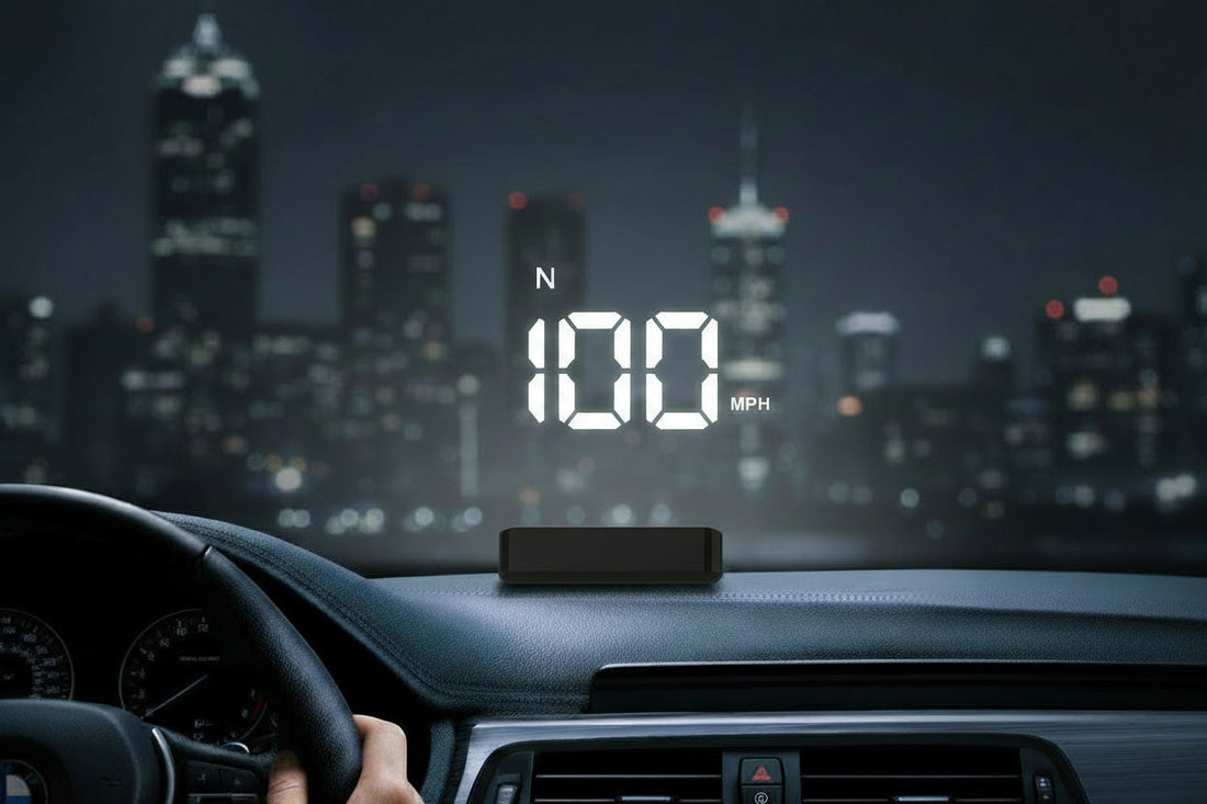K4 Head-Up Display projecting speed 100 mph on car windshield at night