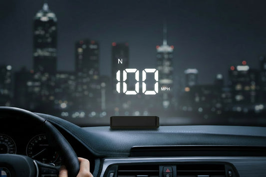 K4 Head-Up Display projecting speed 100 mph on car windshield at night