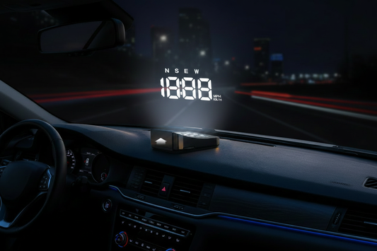 K4 car HUD display showing speed time on windshield at night