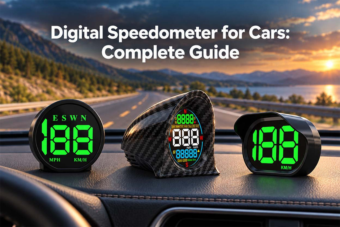 Three KUOWEIHUD digital speedometers on a car dashboard with a scenic road at sunset, illustrating a complete guide to digital speedometers for cars.