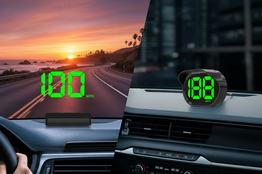 KUOWEIHUD K1 HUD vs K2 GPS Speedometer comparison — split-screen car interior showing K1 windshield projection on left and K2 dashboard LED display on right