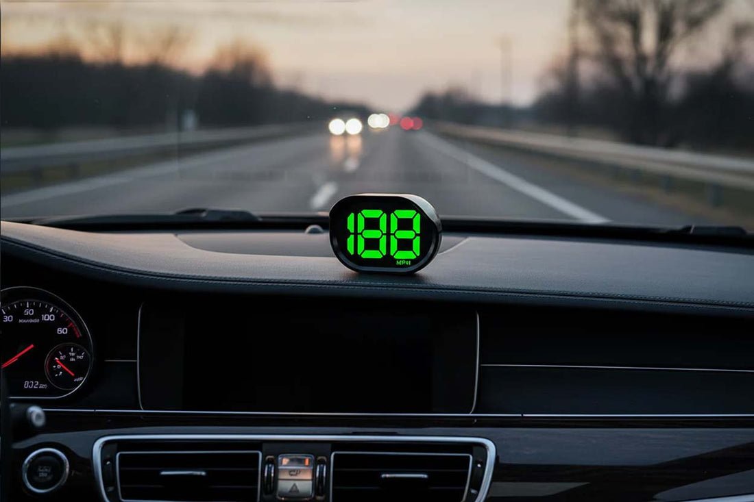 GPS digital speedometer with green LED MPH display mounted on car dashboard, showing real-time speed reading inside a luxury vehicle
