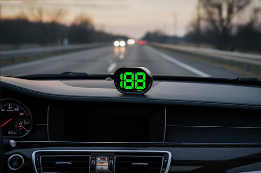 GPS digital speedometer with green LED MPH display mounted on car dashboard, showing real-time speed reading inside a luxury vehicle