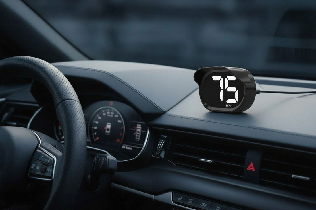 KUOWEIHUD K2 GPS digital speedometer placed on car dashboard — best digital speedometer for cars in 2026