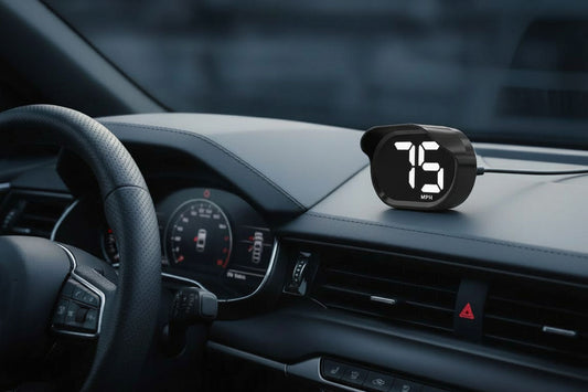 KUOWEIHUD K2 GPS digital speedometer placed on car dashboard — best digital speedometer for cars in 2026