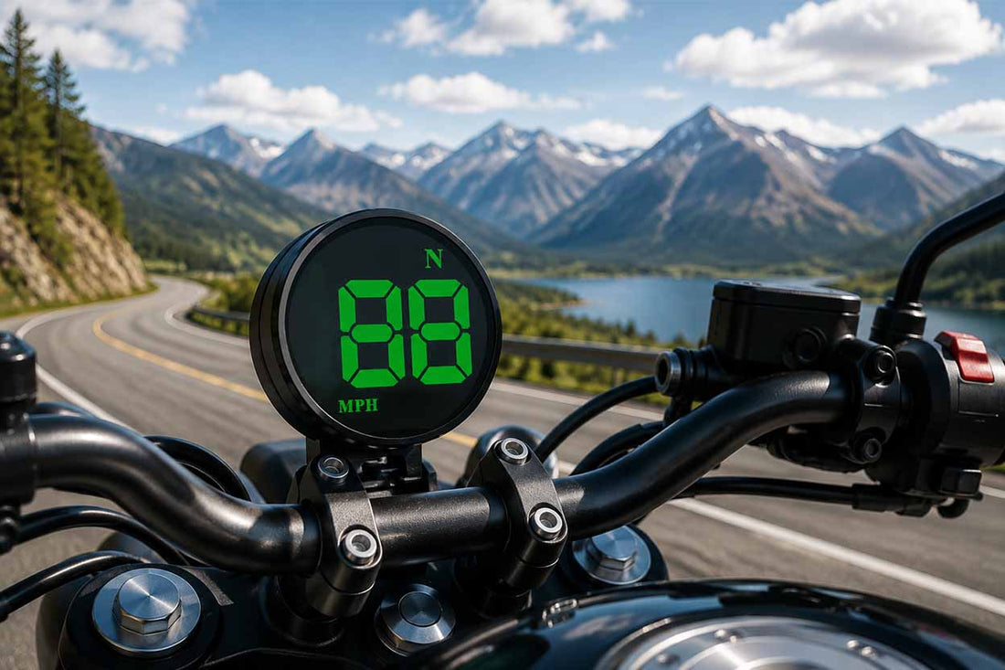 Motorcycle GPS digital speedometer displaying speed on a mountain road with accurate GPS tracking