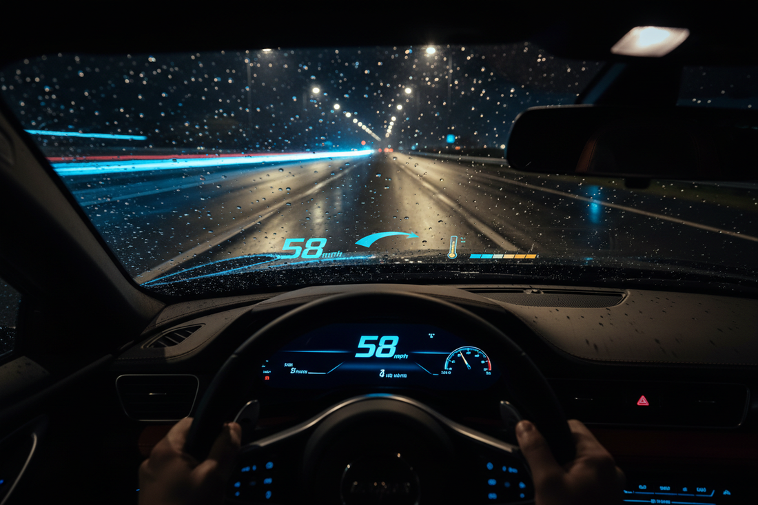 A car HUD projecting speed and navigation data onto a windshield during night driving on a dark highway — KUOWEIHUD head-up display for safer nighttime driving