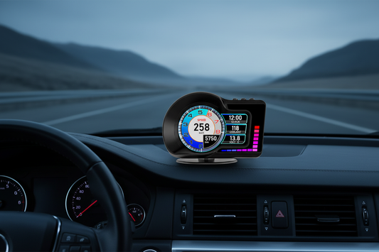 F16 OBD2 car gauge mounted on dashboard, round speedometer dial showing speed and RPM, rectangular LCD panel displaying clock, coolant temperature and voltage — F16 Car OBD2 Gauge Installation Guide