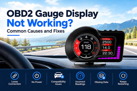 OBD2 digital gauge display on a car dashboard illustrating common connection and troubleshooting issues
