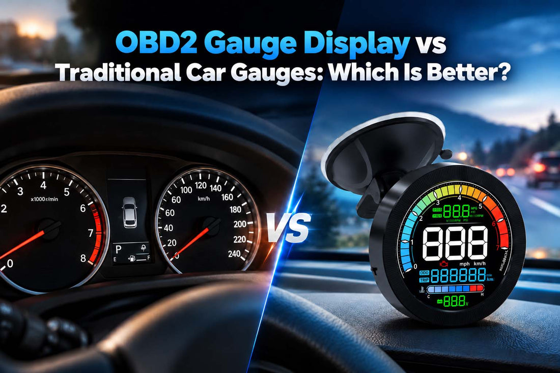 OBD2 Gauge Display vs Traditional Car Gauges blog cover with KUOWEIHUD F3 digital display and traditional dashboard gauges.