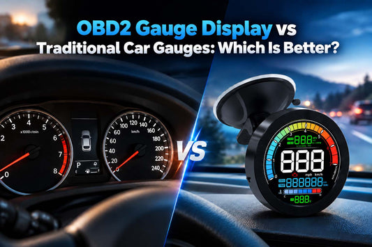 OBD2 Gauge Display vs Traditional Car Gauges blog cover with KUOWEIHUD F3 digital display and traditional dashboard gauges.