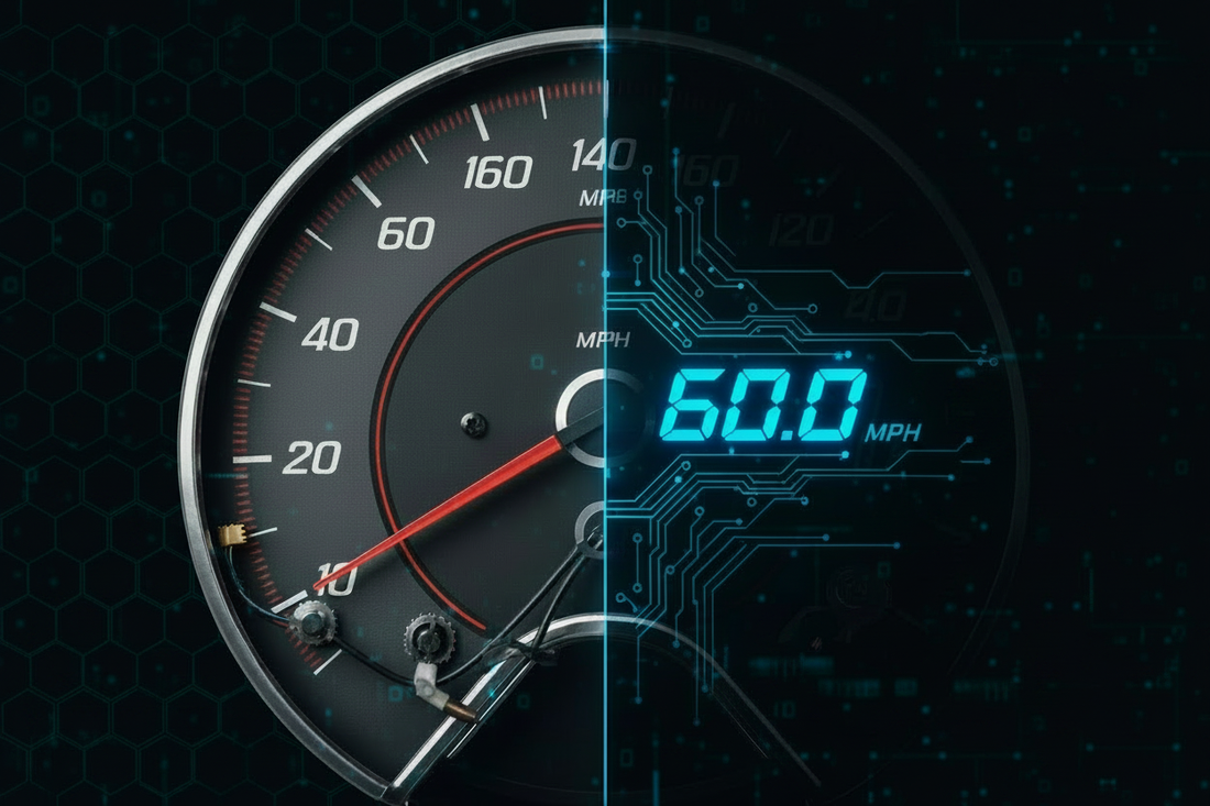 Close-up of a car dashboard showing a digital GPS speedometer displaying 60 MPH alongside a traditional analog speedometer gauge, illustrating speedometer calibration accuracy