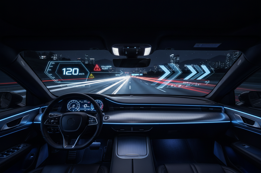 Car cockpit at night with heads-up display projecting speed and GPS navigation onto the windshield