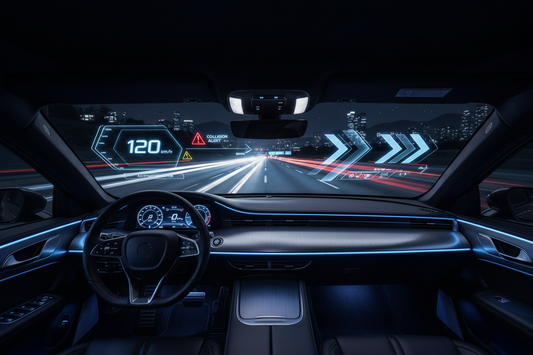 Car cockpit at night with heads-up display projecting speed and GPS navigation onto the windshield