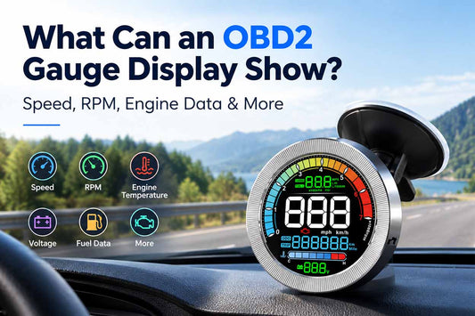 Digital OBD2 gauge display showing vehicle speed, engine RPM, and engine data inside a car