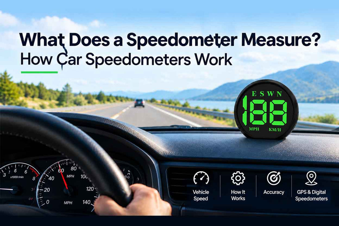 What does a speedometer measure? A digital speedometer displaying vehicle speed while driving