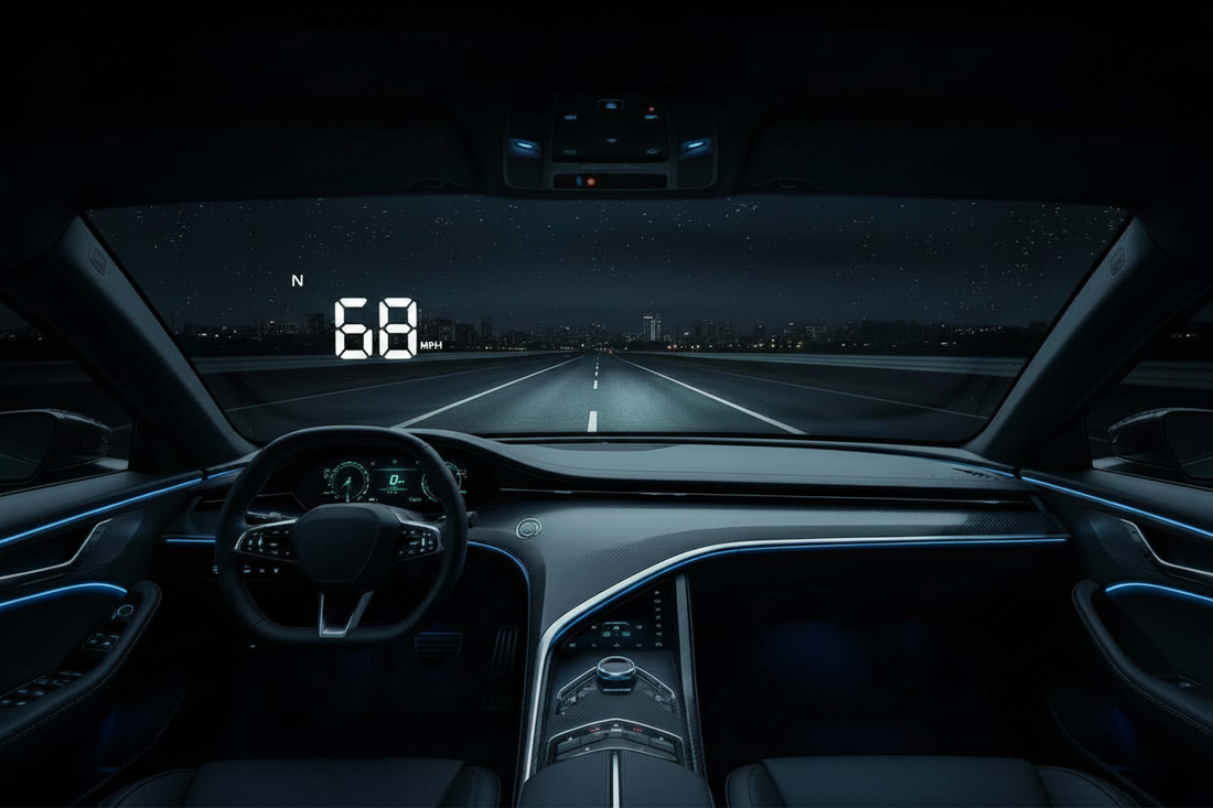 Night driving view from inside a luxury car with a white heads-up display HUD projecting speed and compass data onto the windshield