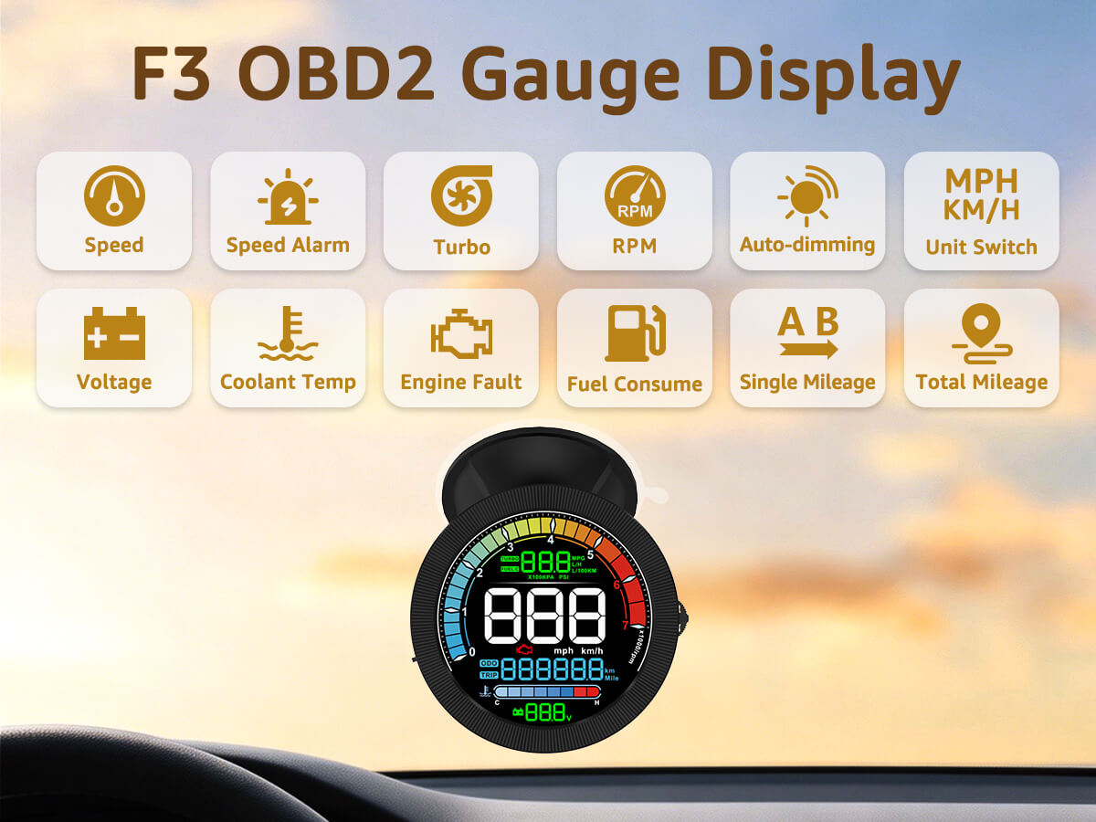 Load video: KUOWEIHUD F3 OBD2 Gauge Display video with digital speedometer, RPM, odometer and real-time car data, mount on car windshield.