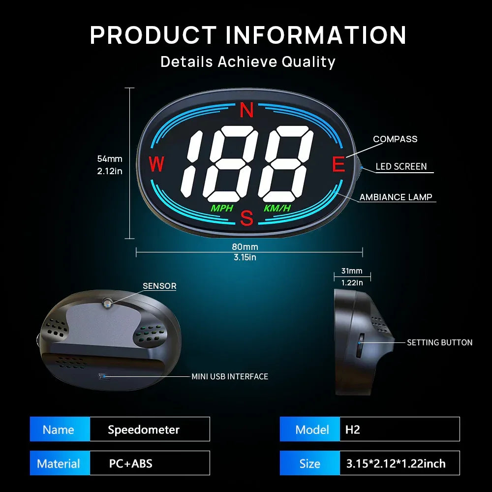 H2 Car GPS Digital Speedometer with Compass Over-speed Reminder - KUOWEIHUD