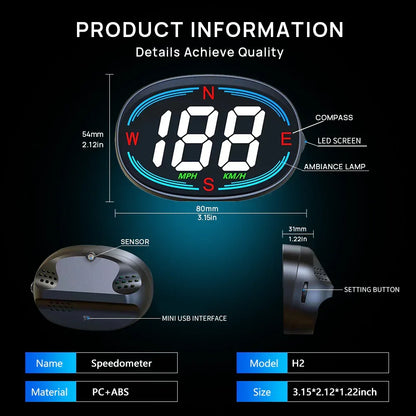 H2 Car GPS Digital Speedometer with Compass Over-speed Reminder - KUOWEIHUD