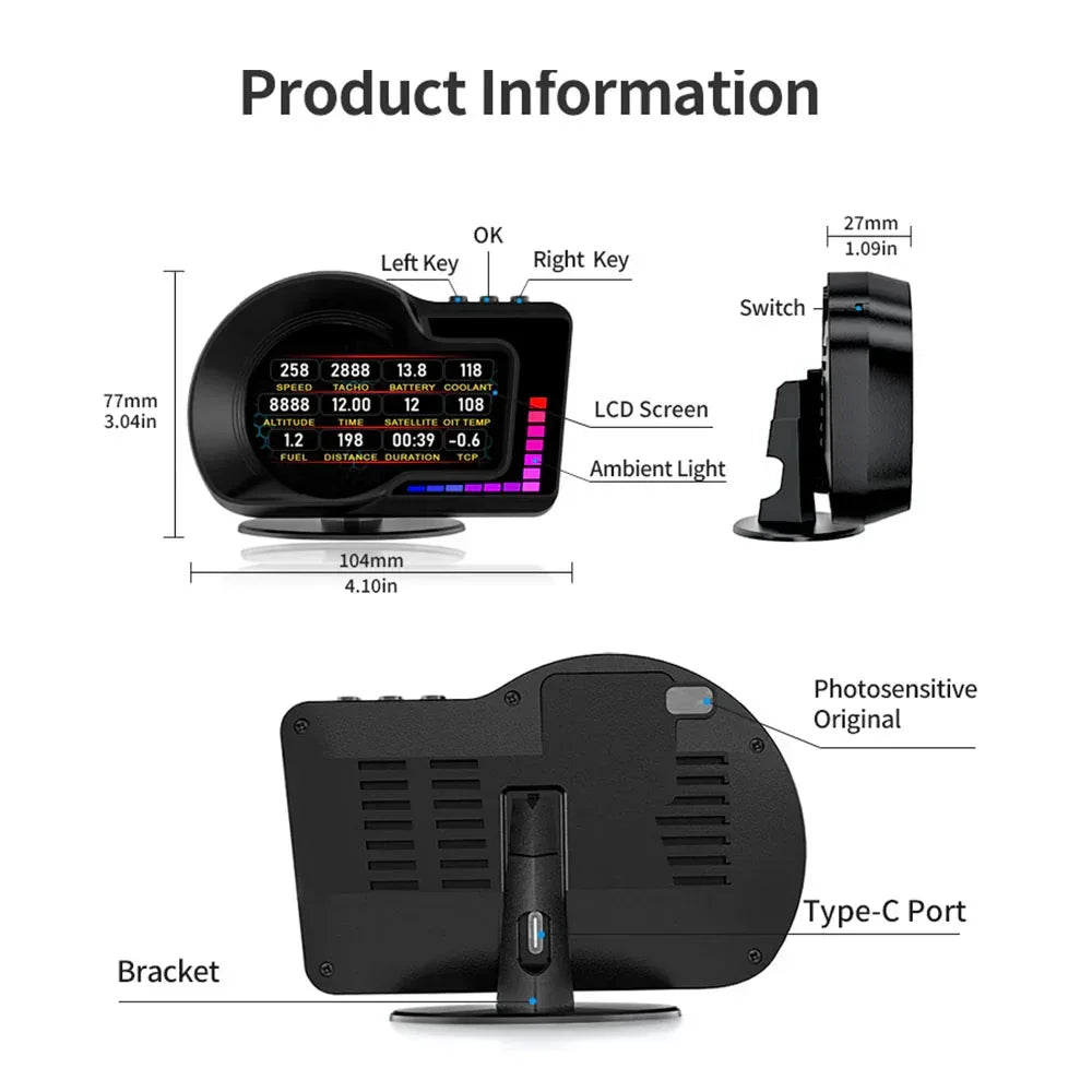 F16 OBD2+GPS Multifunctional Car Gauge for Gasoline Car 2008-2025 - KUOWEIHUD