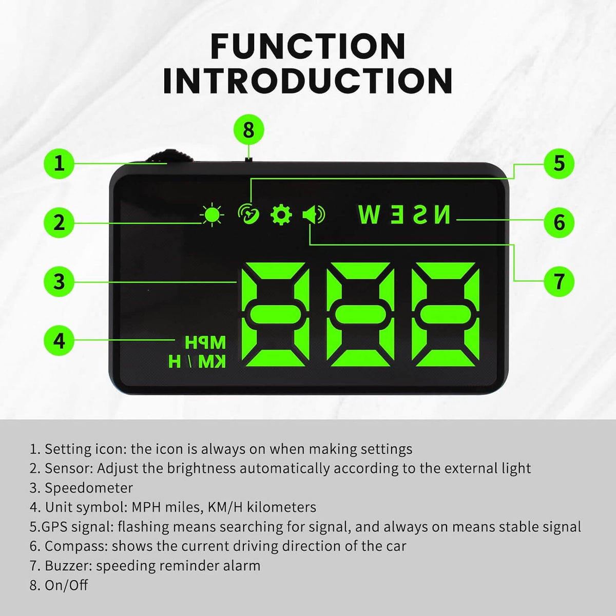 H1 HUD Car Head Up Display with Compass & Speed Alarm