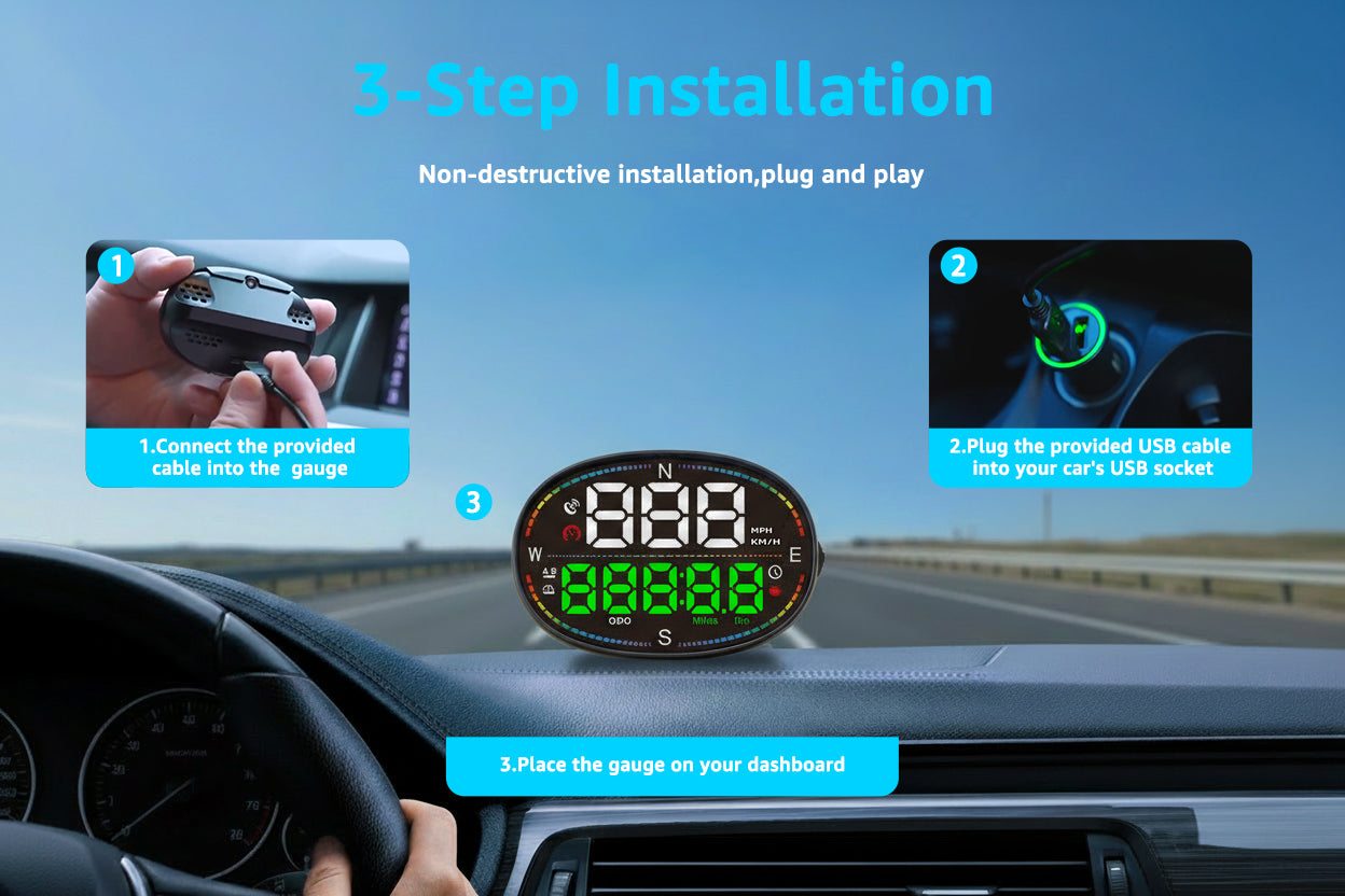 KUOWEIHUD H3 GPS speedometer and odometer HUD device with compass white LED speed display and green ODO readout, mounted on car dashboard