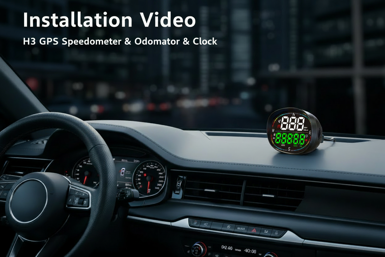 Load video: H3 GPS Speedometer installation video – round HUD device with RGB led light, white LED speed display and green ODO readout, mounted on car dashboard