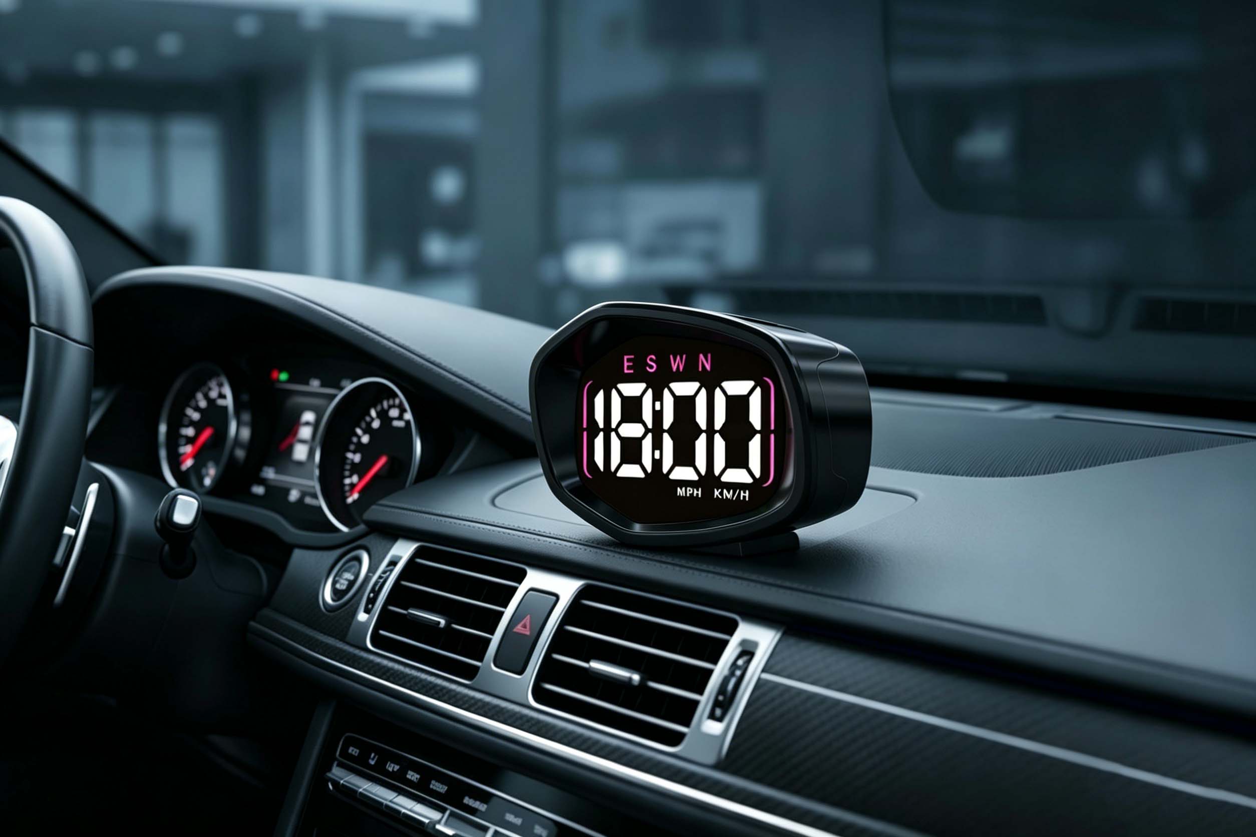 Load video: K3 GPS Speedometer installation video – HUD device with white LED speed display and time readout, mounted on car dashboard