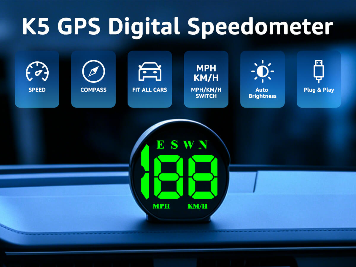 Load video: K5 GPS digital speedometer for car featuring real-time speed display, built-in compass, MPH/KM/H switching, automatic brightness, and plug-and-play USB setup