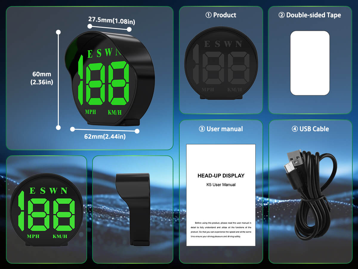 K5 GPS speedometer package contents including USB cable and accessories