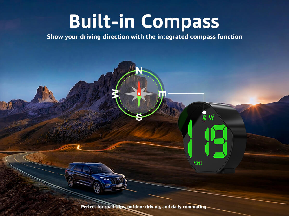 K5 GPS speedometer with built-in compass showing driving direction